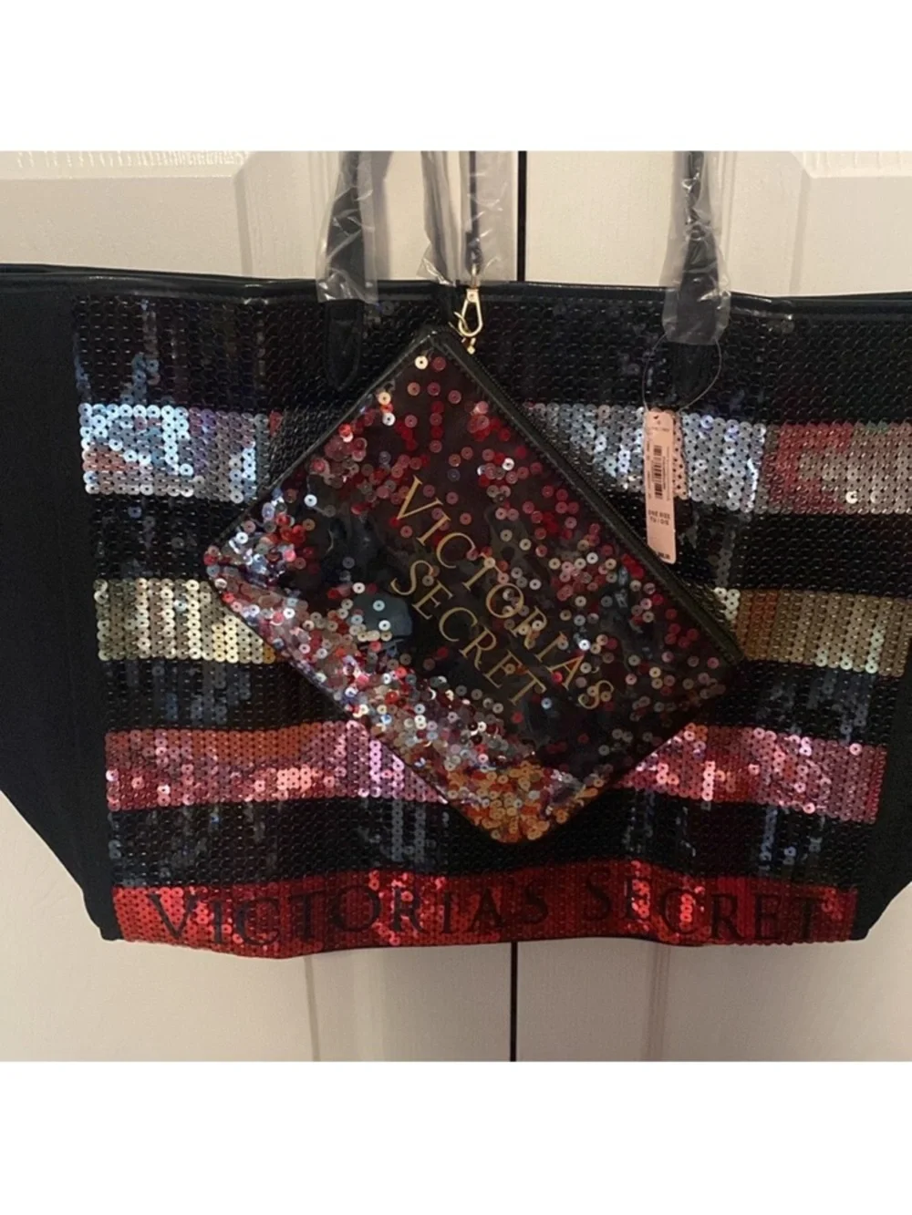Victoria's Secret Sequined / Black Canvas Logo Toted& Wristlet/NWT
